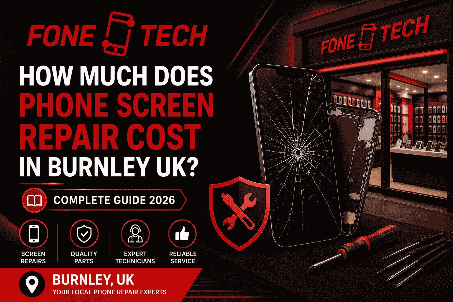 Phone screen repair cost in Burnley UK guide featuring Fone Tech repair services