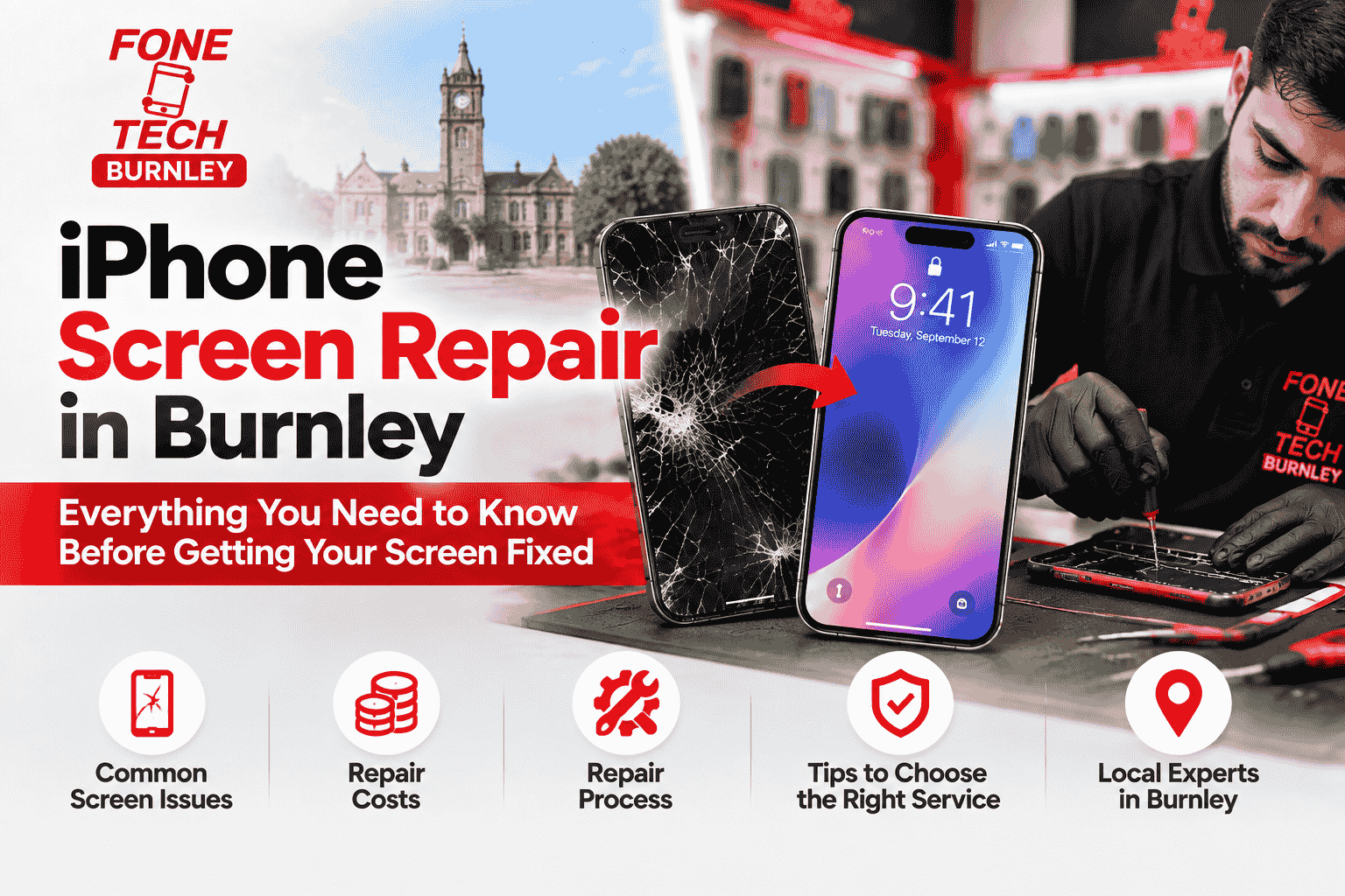 Fone Tech Burnley providing professional iPhone screen repair services with cracked screen replacement and expert phone technicians.